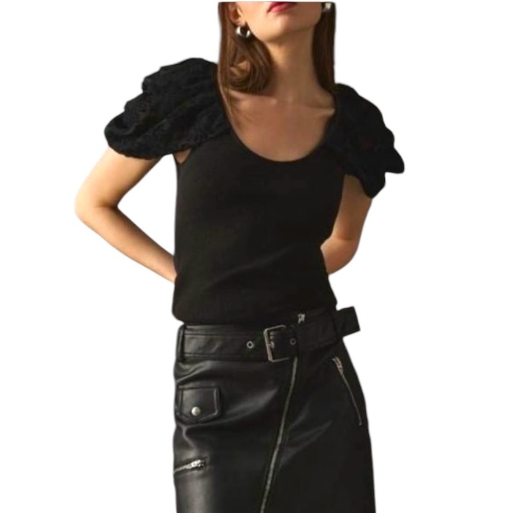 Maeve Anthropologie Black Fuzzy Floral Short Draped-Sleeve Pullover Top